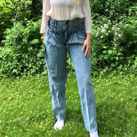 Vintage Jeans 80s high Waisted  retro Jeans Pleated Acid Wash 30 / 32 NWT - Picture 1 of 11